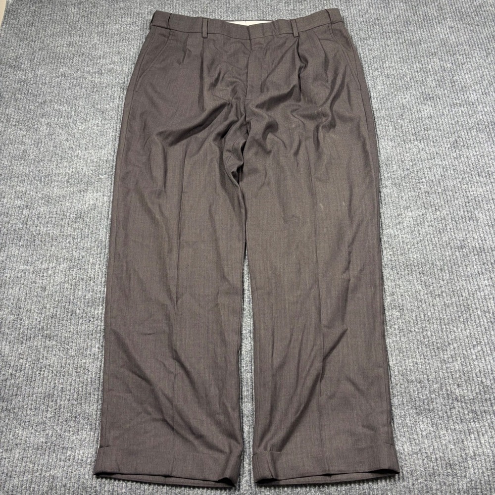 Haggar Pants Mens 36x29 Brown Pleated Herringbone Dress Cuffed Trousers